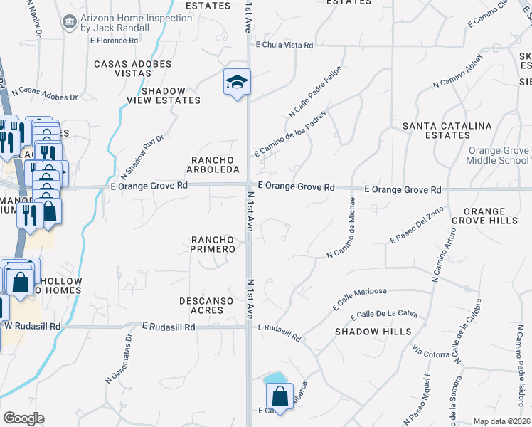 map of restaurants, bars, coffee shops, grocery stores, and more near 781 East Placita de Arnoldo in Tucson