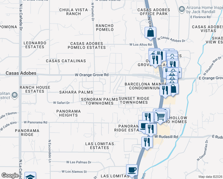 map of restaurants, bars, coffee shops, grocery stores, and more near 6336 North Willowbrook Drive in Tucson