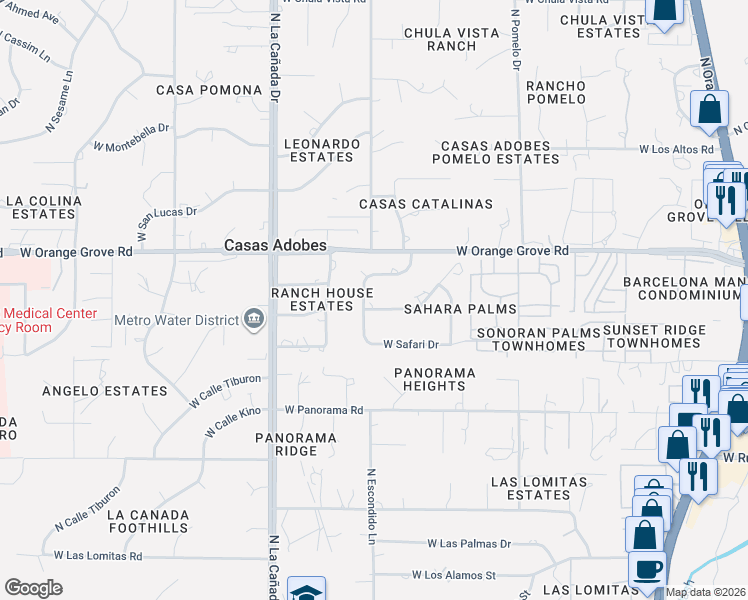 map of restaurants, bars, coffee shops, grocery stores, and more near 6318 North Caravan Lane in Tucson