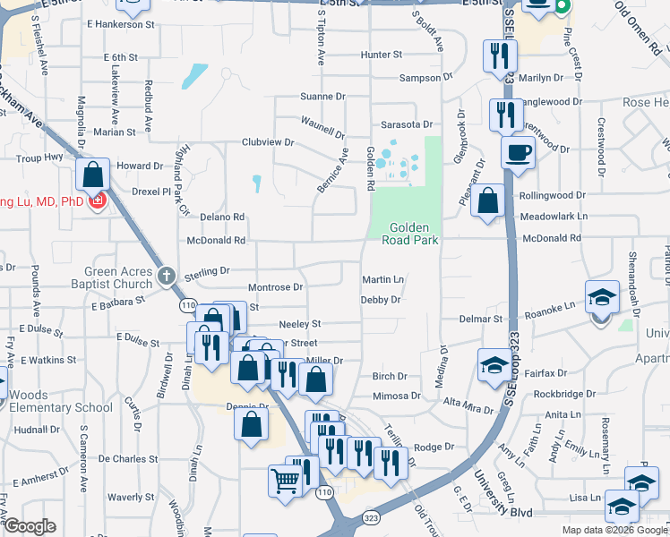 map of restaurants, bars, coffee shops, grocery stores, and more near 2110 Sterling Drive in Tyler