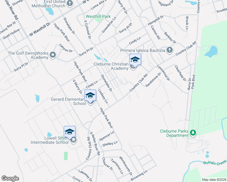 map of restaurants, bars, coffee shops, grocery stores, and more near 1116 Janehaven Lakes in Cleburne