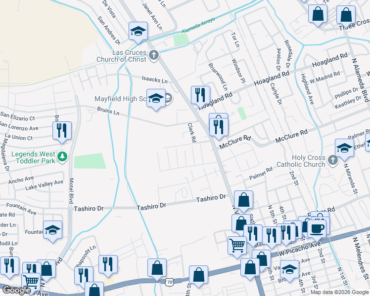 map of restaurants, bars, coffee shops, grocery stores, and more near 1550 Mayfield Road in Las Cruces