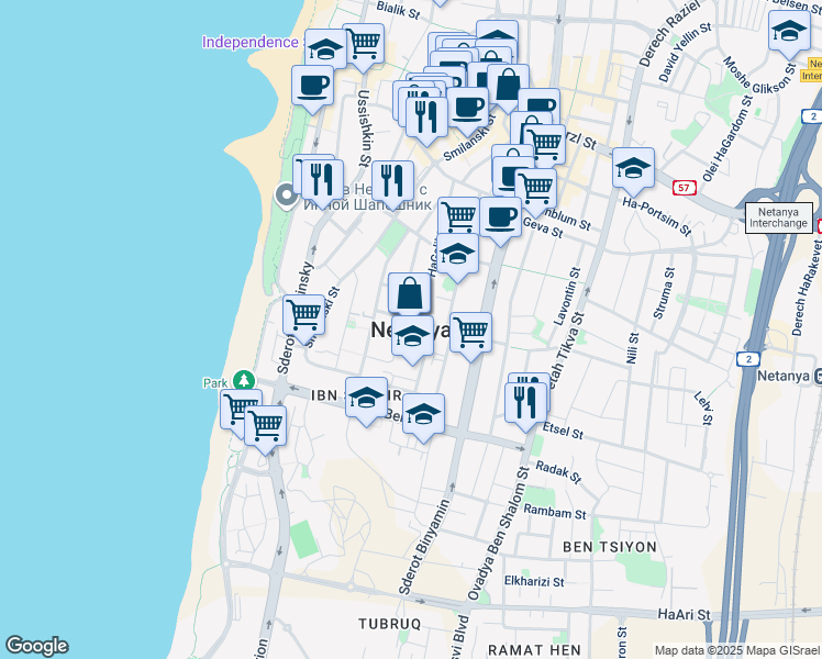 map of restaurants, bars, coffee shops, grocery stores, and more near in Netanya