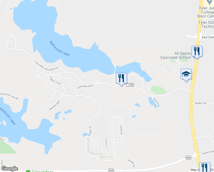 map of restaurants, bars, coffee shops, grocery stores, and more near 4312 Cascades Boulevard in Tyler