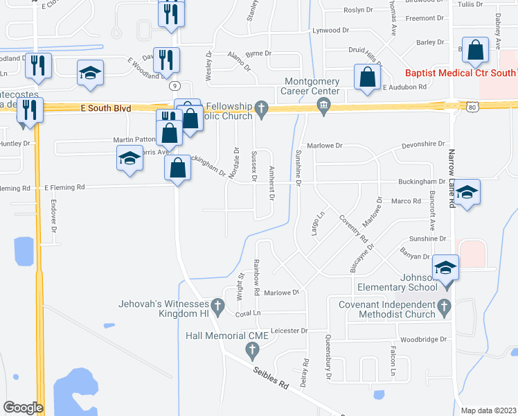 map of restaurants, bars, coffee shops, grocery stores, and more near 4337 Sussex Drive in Montgomery