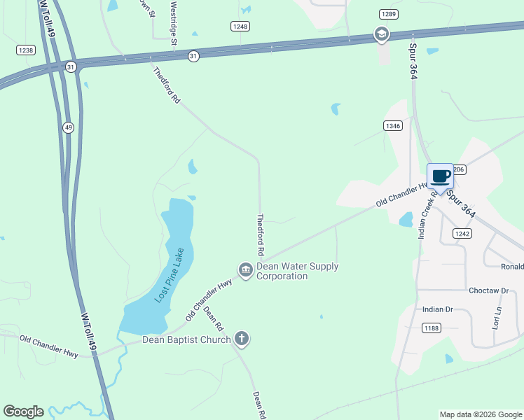 map of restaurants, bars, coffee shops, grocery stores, and more near 10979-11299 Thedford Road in Tyler