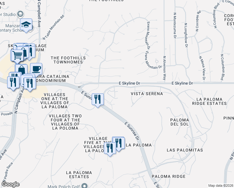 map of restaurants, bars, coffee shops, grocery stores, and more near 6379 North Vuelta Tajo in Tucson