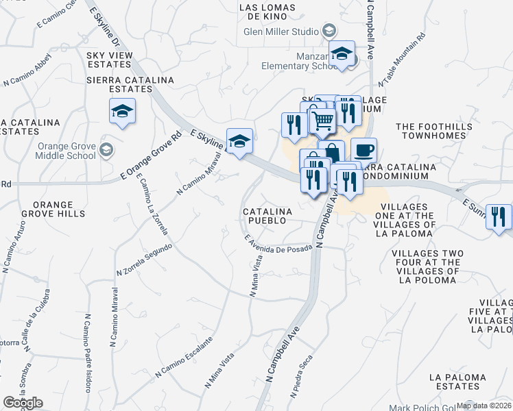 map of restaurants, bars, coffee shops, grocery stores, and more near 2550 East Avenue De Maria in Tucson