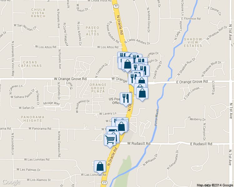 map of restaurants, bars, coffee shops, grocery stores, and more near 401 West Orange Grove Road in Tucson