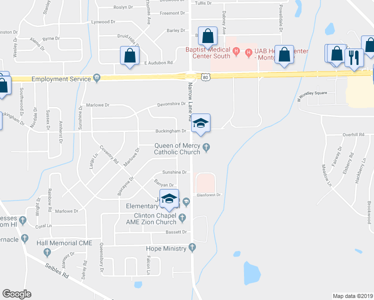 map of restaurants, bars, coffee shops, grocery stores, and more near 1423 Bancroft Avenue in Montgomery
