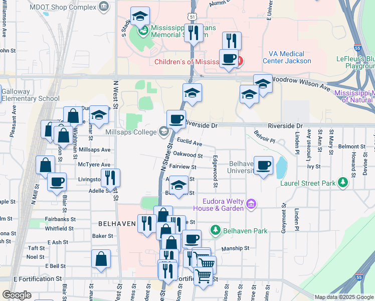 map of restaurants, bars, coffee shops, grocery stores, and more near 755 Euclid Avenue in Jackson
