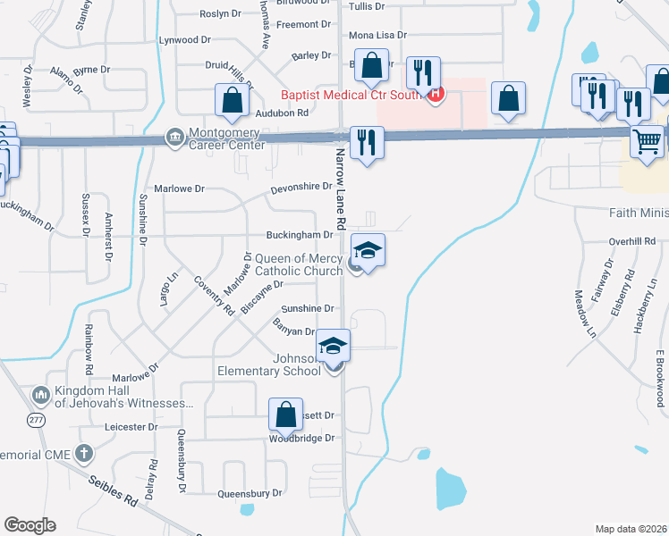 map of restaurants, bars, coffee shops, grocery stores, and more near 1423 Bancroft Avenue in Montgomery