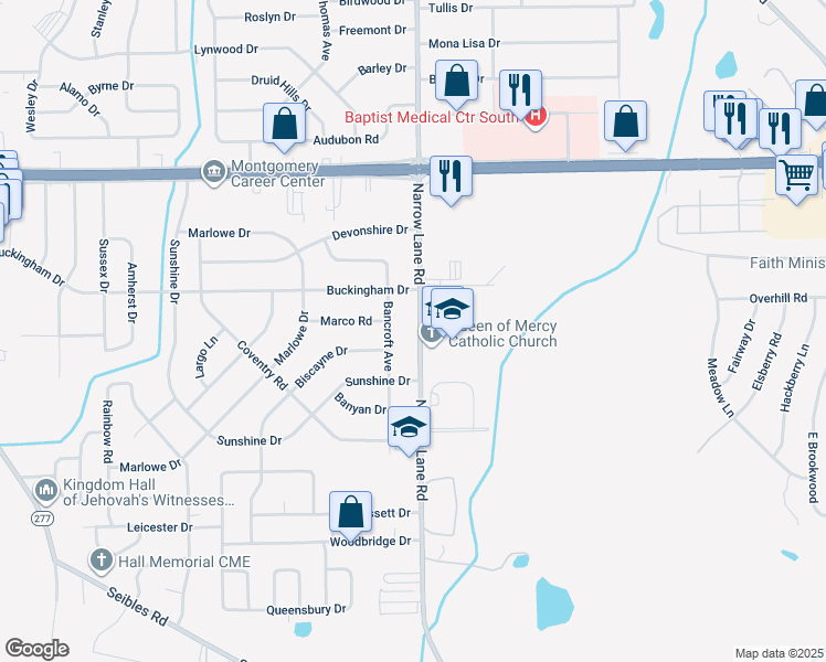 map of restaurants, bars, coffee shops, grocery stores, and more near 4426 Narrow Lane Road in Montgomery