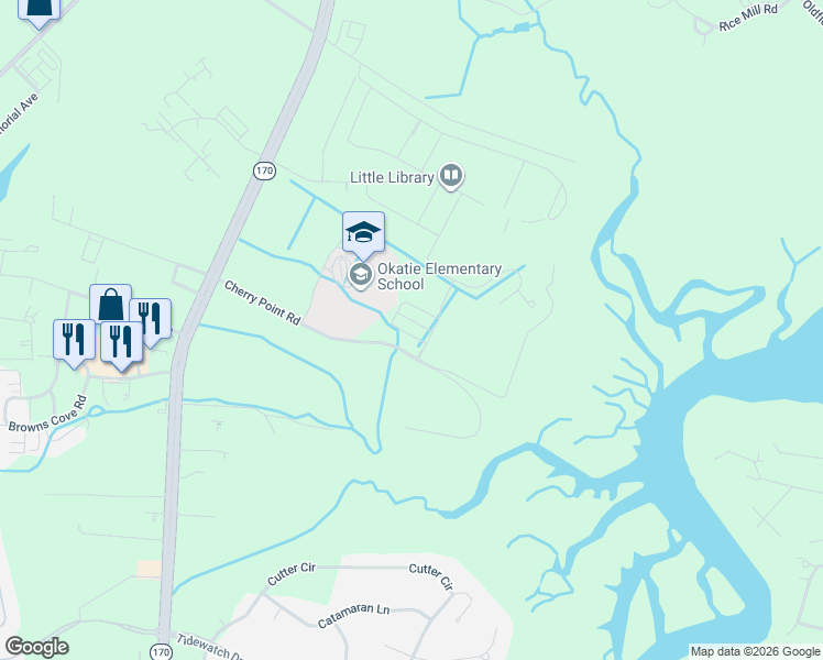 map of restaurants, bars, coffee shops, grocery stores, and more near 53 Cherry Point Road in Okatie