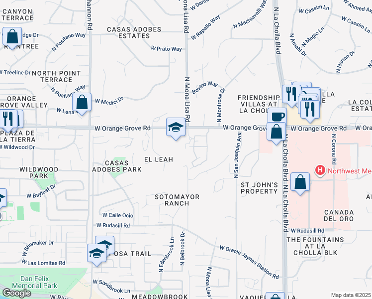 map of restaurants, bars, coffee shops, grocery stores, and more near 2551 West Orange Grove Road in Tucson