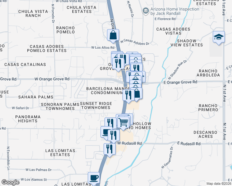 map of restaurants, bars, coffee shops, grocery stores, and more near 401 West Orange Grove Road in Tucson