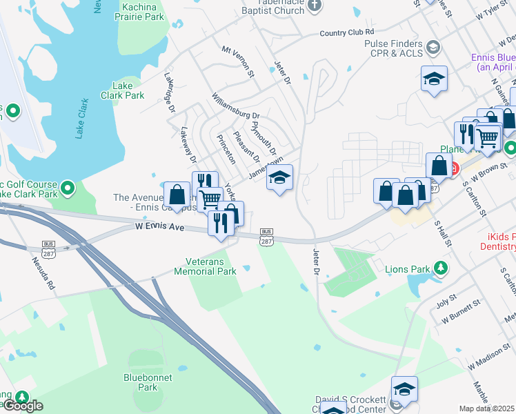 map of restaurants, bars, coffee shops, grocery stores, and more near 2104 West Ennis Avenue in Ennis