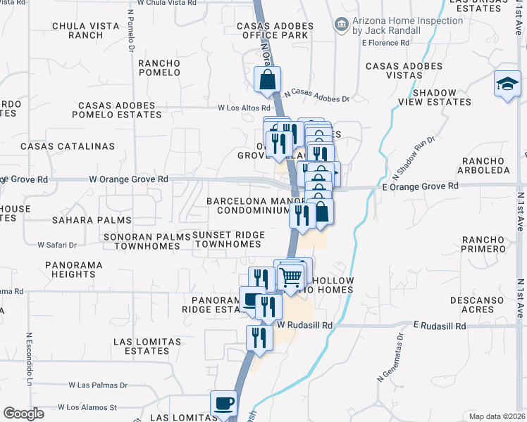 map of restaurants, bars, coffee shops, grocery stores, and more near 401 West Orange Grove Road in Tucson