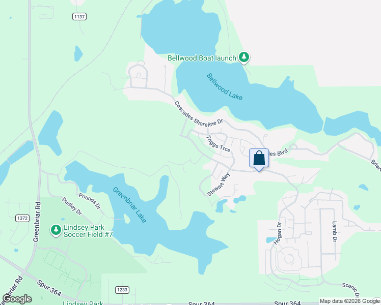 map of restaurants, bars, coffee shops, grocery stores, and more near 4573 Cascades Boulevard in Tyler