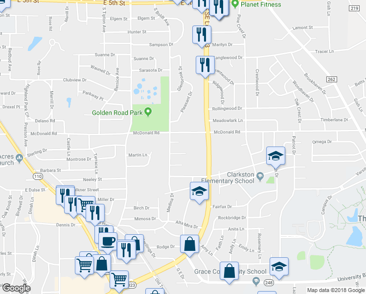 map of restaurants, bars, coffee shops, grocery stores, and more near 2513 Merry Lane in Tyler