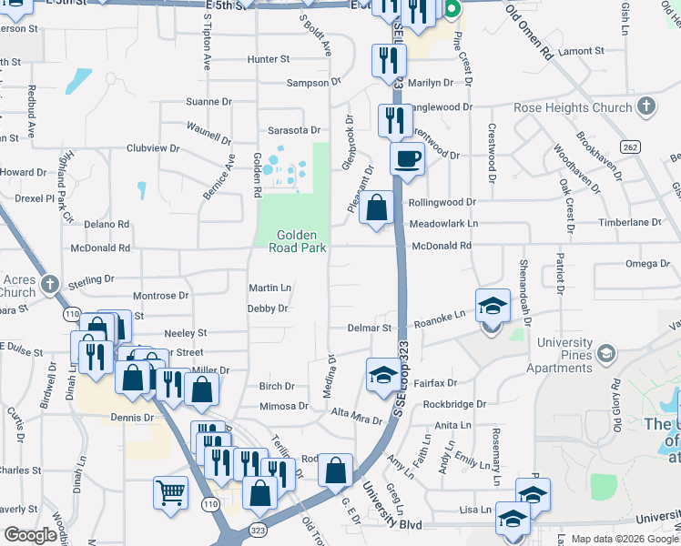 map of restaurants, bars, coffee shops, grocery stores, and more near 2511 South Boldt Avenue in Tyler