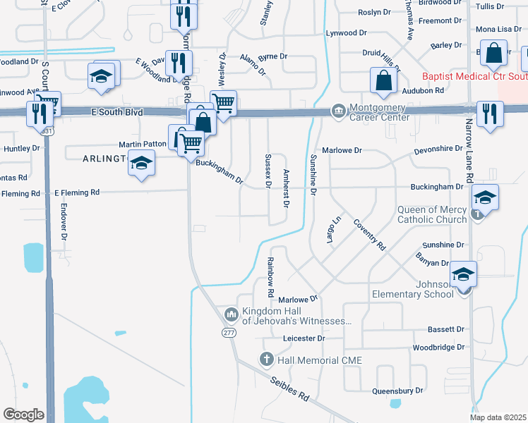 map of restaurants, bars, coffee shops, grocery stores, and more near 4332 Sussex Drive in Montgomery