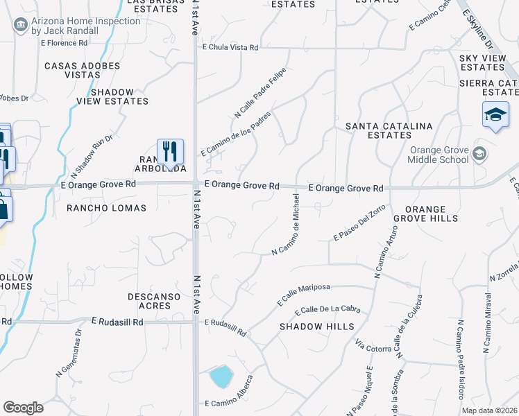 map of restaurants, bars, coffee shops, grocery stores, and more near 6370 North Placita De Eduardo in Tucson