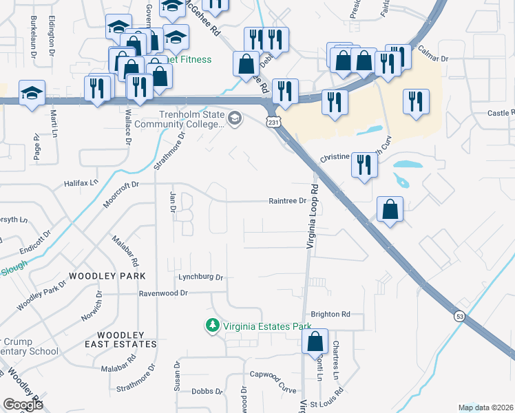 map of restaurants, bars, coffee shops, grocery stores, and more near 3217 Raintree Drive in Montgomery
