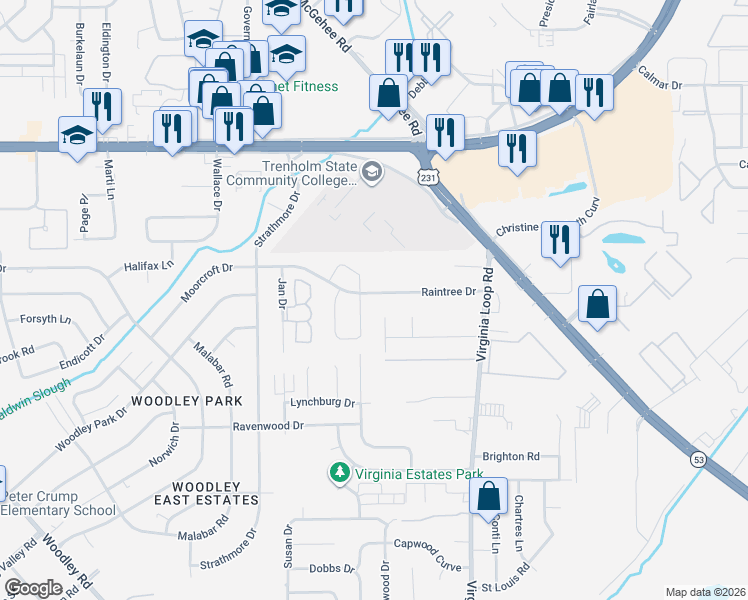 map of restaurants, bars, coffee shops, grocery stores, and more near 3043 Moorcroft Drive in Montgomery