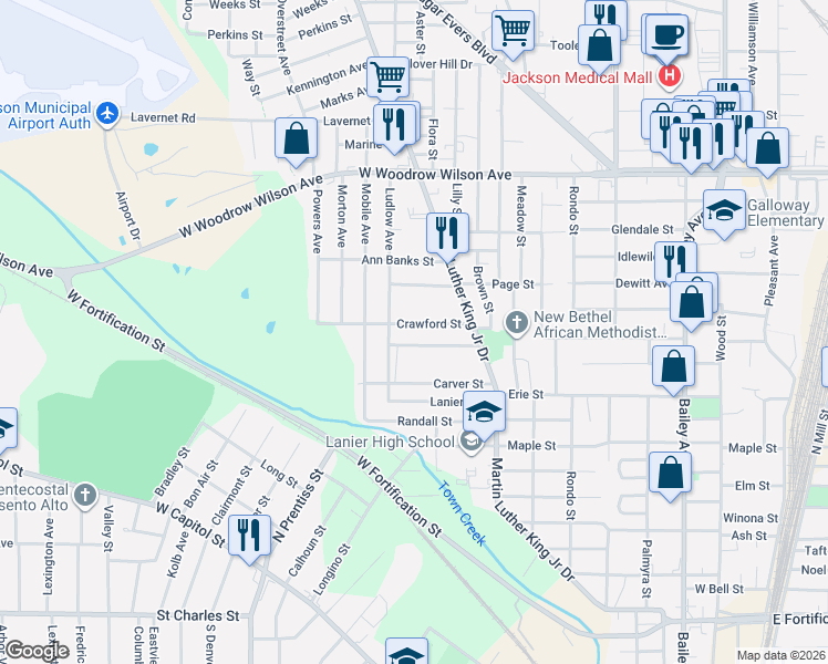 map of restaurants, bars, coffee shops, grocery stores, and more near 2102 Ludlow Avenue in Jackson