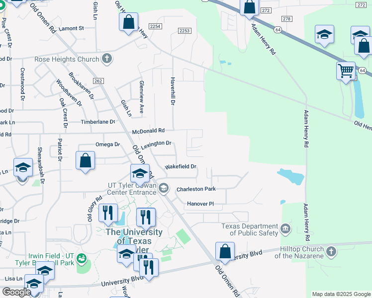 map of restaurants, bars, coffee shops, grocery stores, and more near 3964 Duchess Drive in Tyler