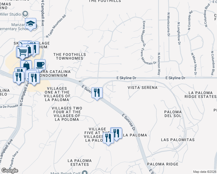 map of restaurants, bars, coffee shops, grocery stores, and more near 6348 North Vuelta Tajo in Tucson