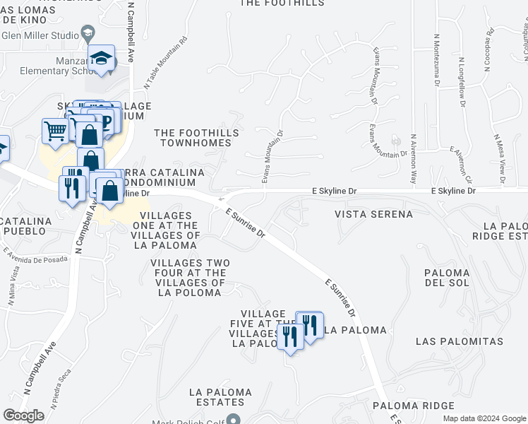 map of restaurants, bars, coffee shops, grocery stores, and more near 3435 East Sunrise Drive in Tucson