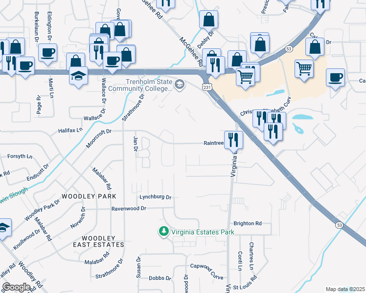 map of restaurants, bars, coffee shops, grocery stores, and more near 3217 Raintree Drive in Montgomery