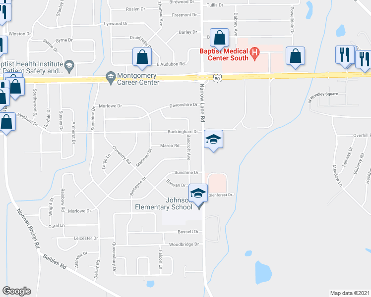 map of restaurants, bars, coffee shops, grocery stores, and more near 1500 Bancroft Avenue in Montgomery