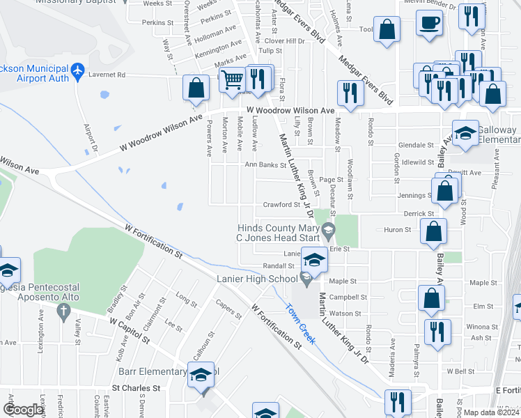 map of restaurants, bars, coffee shops, grocery stores, and more near 887 Crawford Street in Jackson