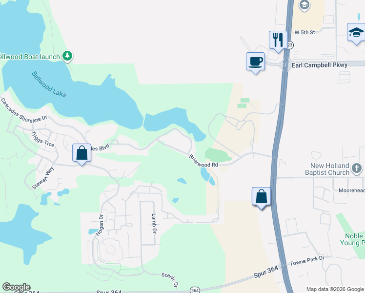 map of restaurants, bars, coffee shops, grocery stores, and more near 4151 Briarwood Road in Tyler