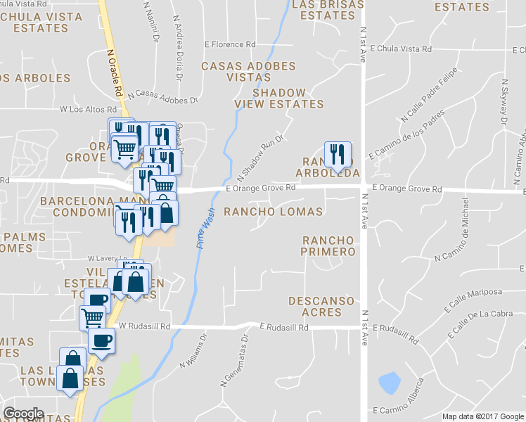 map of restaurants, bars, coffee shops, grocery stores, and more near 6342 Camino De Cabaluna in Tucson