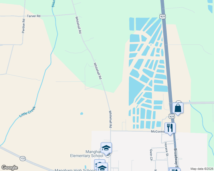 map of restaurants, bars, coffee shops, grocery stores, and more near Whitehall Road in Mangham