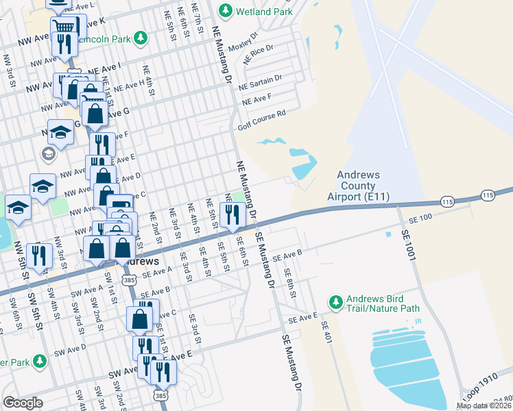 map of restaurants, bars, coffee shops, grocery stores, and more near 114 Northeast Mustang Drive in Andrews