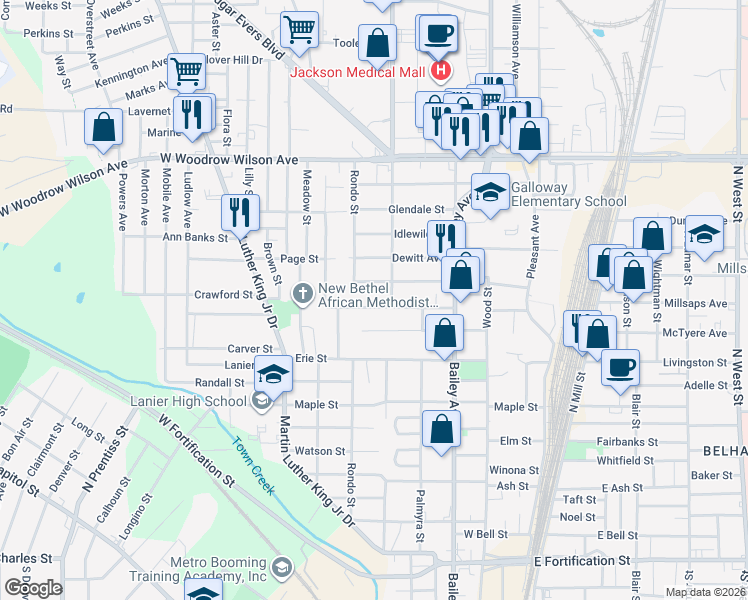 map of restaurants, bars, coffee shops, grocery stores, and more near 429 Jennings Street in Jackson