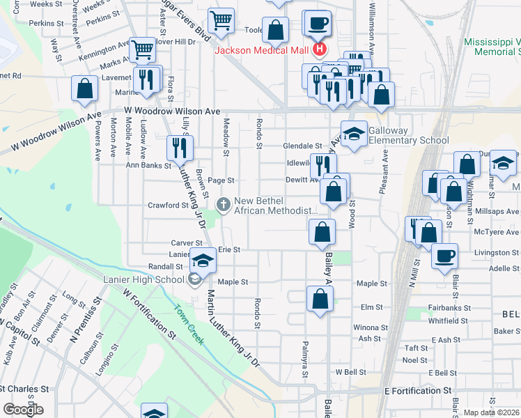 map of restaurants, bars, coffee shops, grocery stores, and more near 429 Jennings Street in Jackson