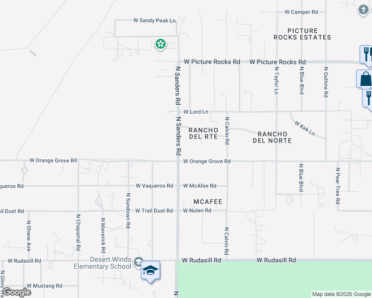 map of restaurants, bars, coffee shops, grocery stores, and more near 6421 North Bernice Place in Tucson
