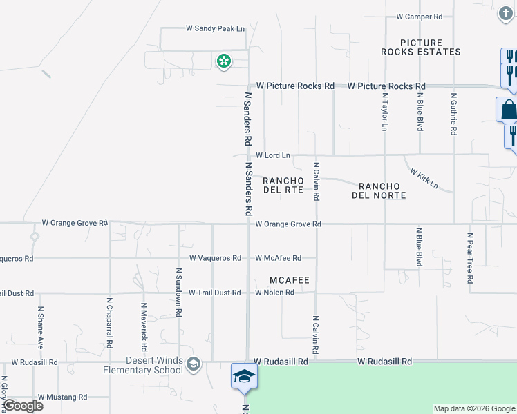 map of restaurants, bars, coffee shops, grocery stores, and more near 6421 North Bernice Place in Tucson