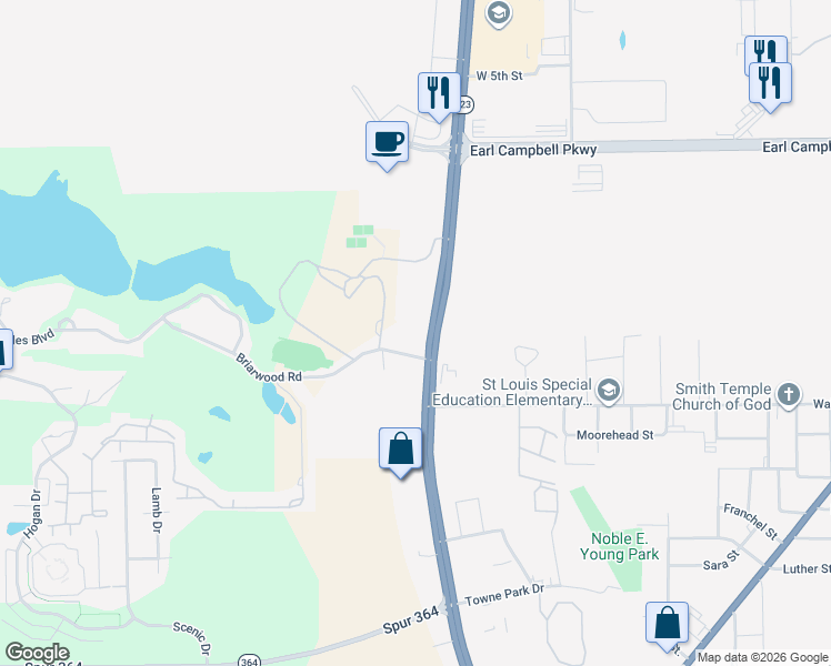 map of restaurants, bars, coffee shops, grocery stores, and more near 2239-2599 W Southwest Loop 323 in Tyler