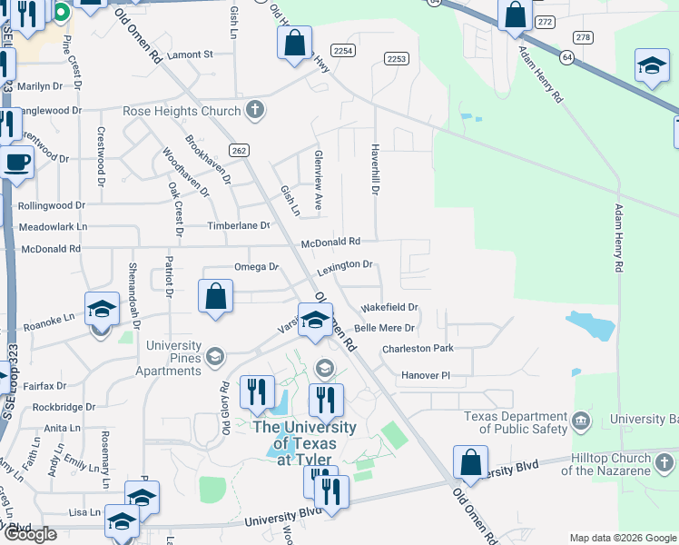 map of restaurants, bars, coffee shops, grocery stores, and more near 3809 Lexington Drive in Tyler
