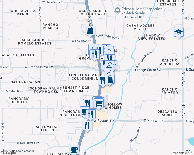 map of restaurants, bars, coffee shops, grocery stores, and more near 6351 North Barcelona Court in Tucson