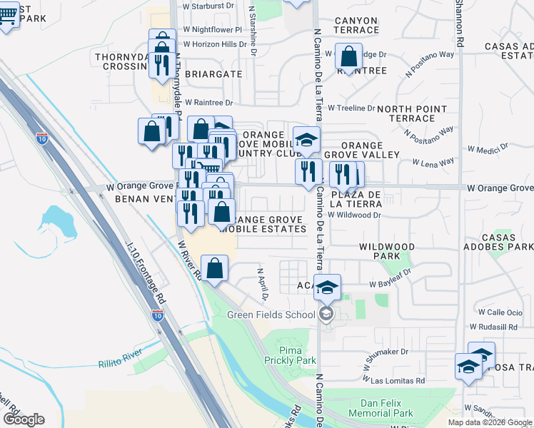 map of restaurants, bars, coffee shops, grocery stores, and more near 3565 West Mango Drive in Tucson