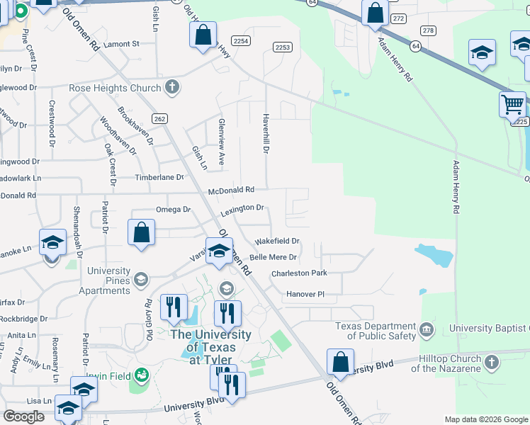 map of restaurants, bars, coffee shops, grocery stores, and more near 3829 Lexington Drive in Tyler