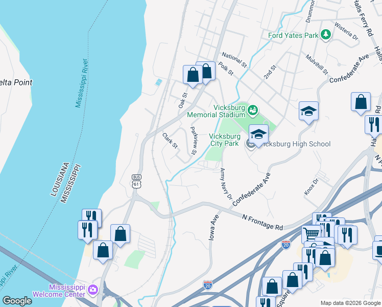 map of restaurants, bars, coffee shops, grocery stores, and more near 824 Queen Street in Vicksburg